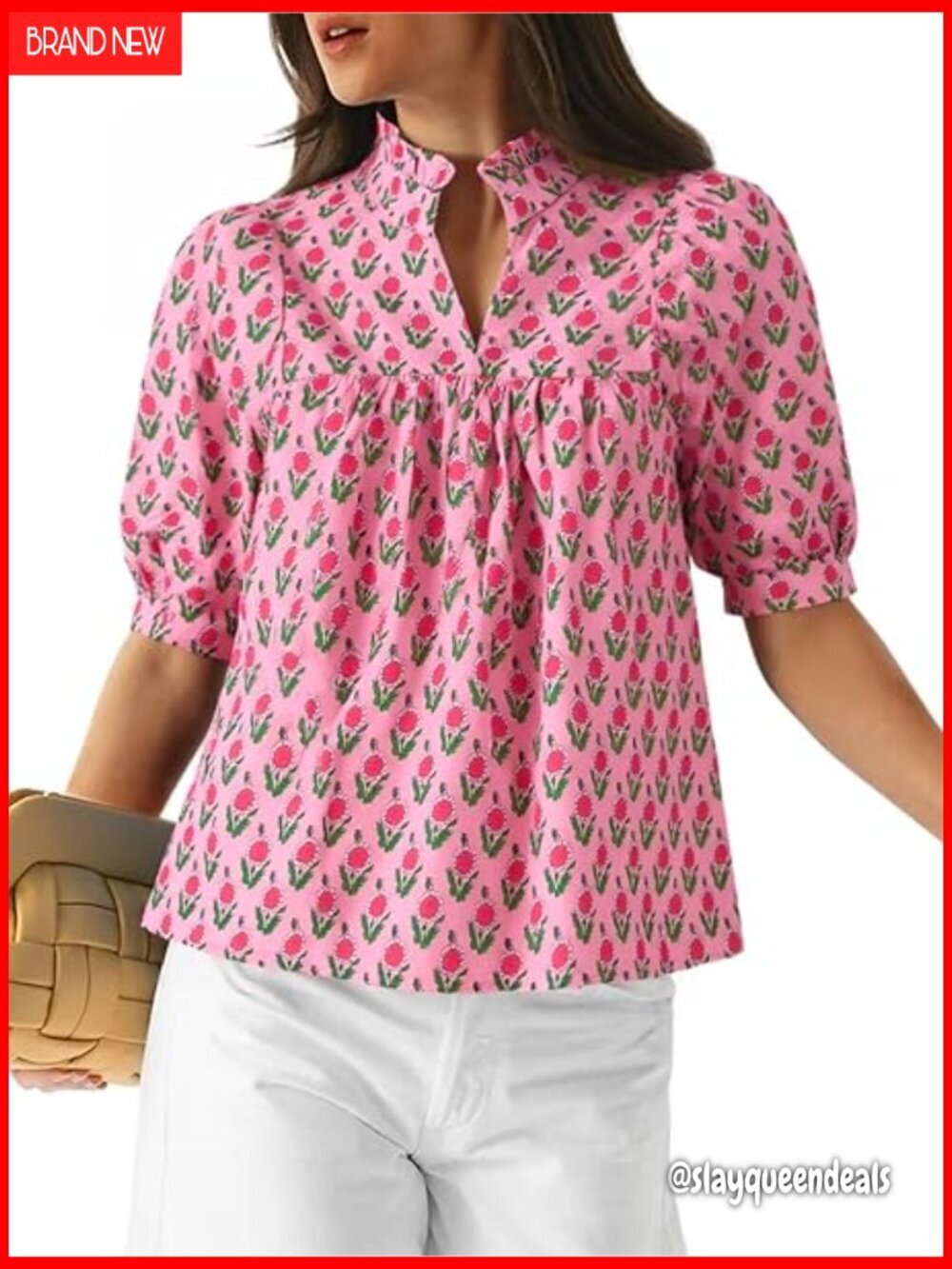 Floral Babydoll Blouse Puff Sleeve Peplum Loose Fit V Neck Boho Top